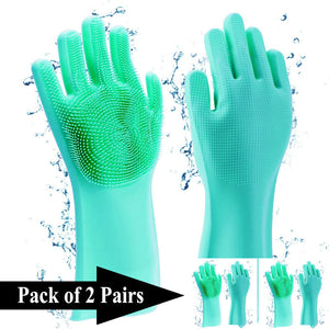2 Pairs Kitchen Magic Silicone Dishwashing Gloves with Cleaning Scrub Sponges Dual Set for Efficient Scrubbing