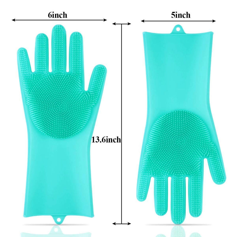 2 Pairs Kitchen Magic Silicone Dishwashing Gloves with Cleaning Scrub Sponges Dual Set for Efficient Scrubbing
