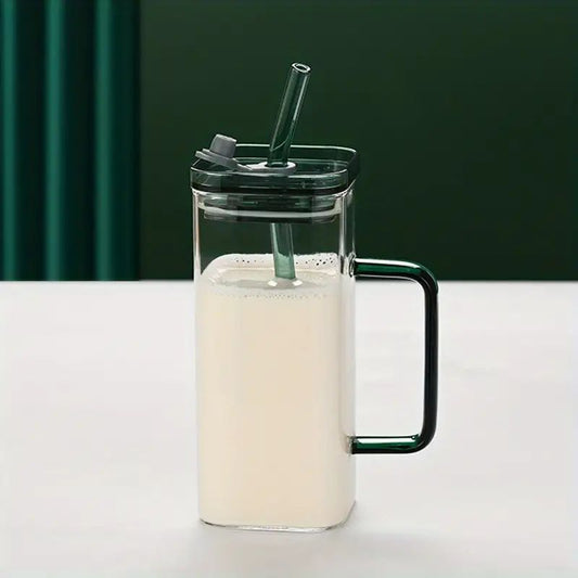 Glass Sipper with Glass Straw, Tumbler Can Lid Ribbed Square Glass Mug with Straw, Mason Jars With Cover, Mug for Fruit Juice Milk & Coffee Mug.