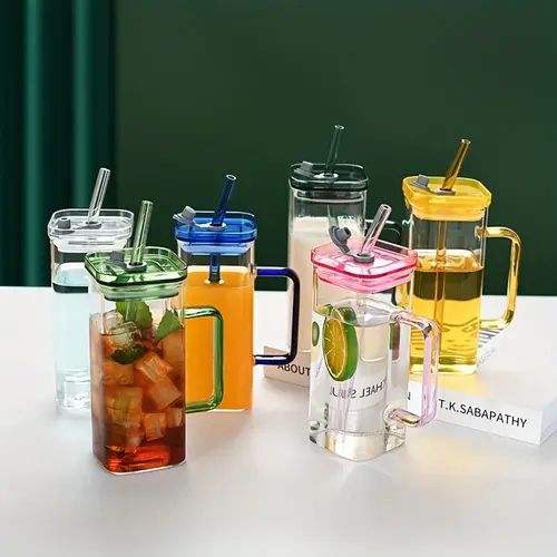 Glass Sipper with Glass Straw, Tumbler Can Lid Ribbed Square Glass Mug with Straw, Mason Jars With Cover, Mug for Fruit Juice Milk & Coffee Mug.